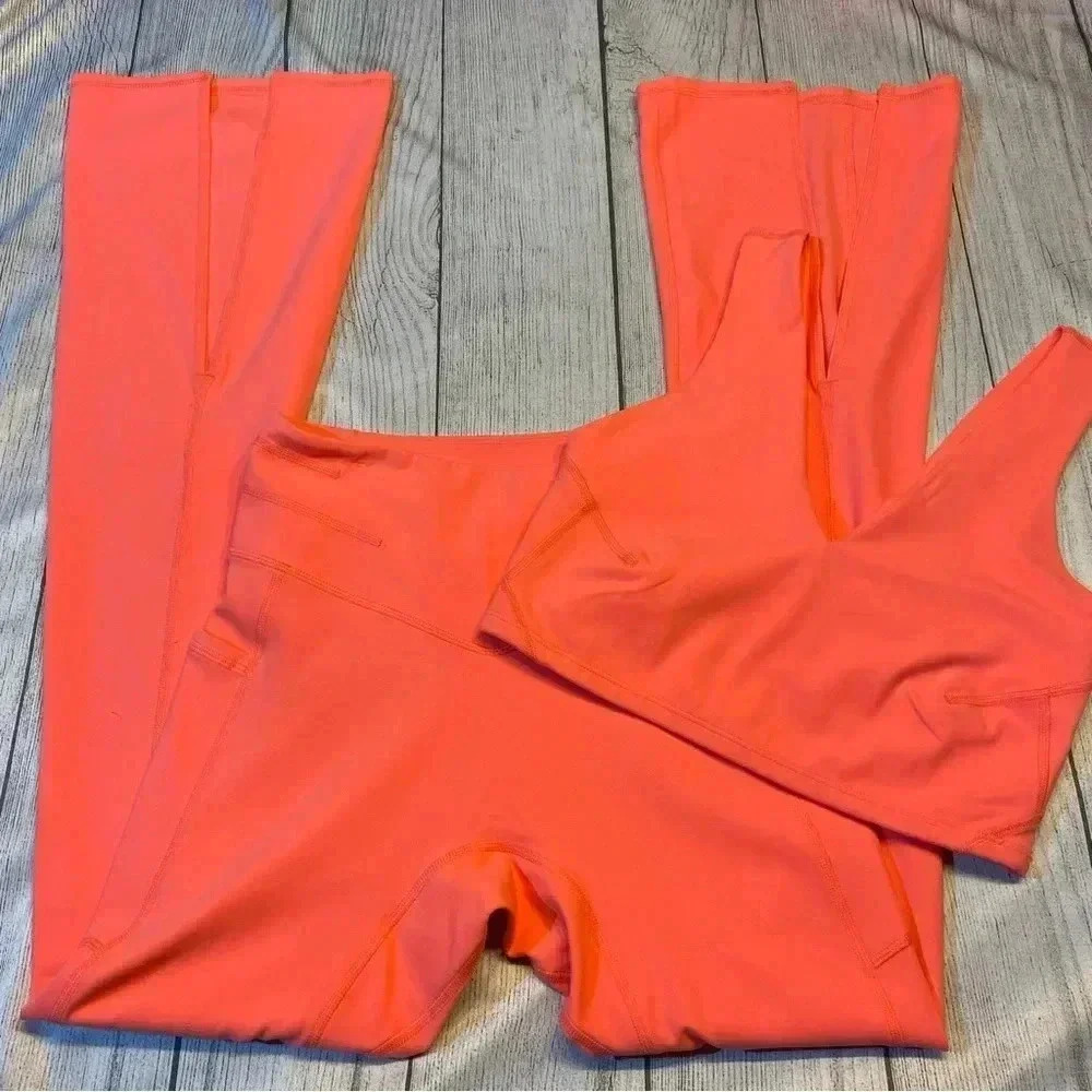 FP Movement by Free People Neon Coral Pink Flare Leggings Jumpsuit Set - Picture 5 of 13